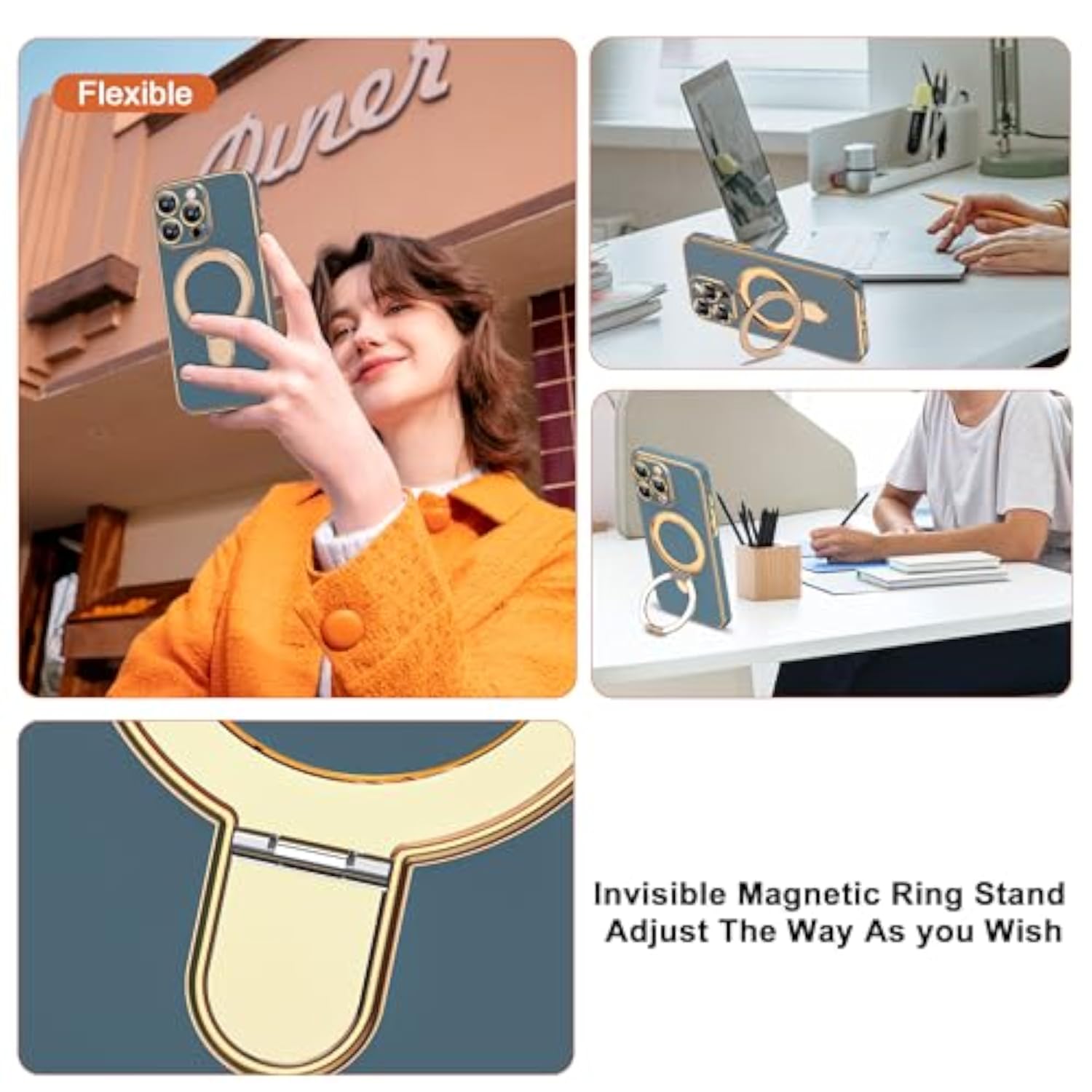 Grey Blue Plating Case for iPhone 13 Pro Max with Stand 6.7 inches
