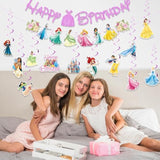 Princess Birthday Party Decorations Include 1Pc Glitter Happy Birthday Banner,1Pc Princess Banner And 14Pcs Cute Hanging Swirls For Girls, Pre-Assembled Party Decorations