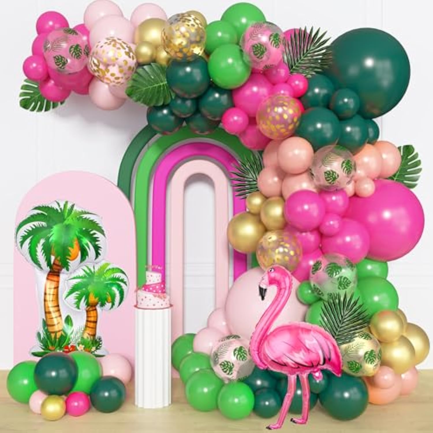165Pcs Flamingo Tropical Balloon Arch Garland Kit, Hot Pink Green Gold Foil Coconut Flamingo Balloons With Palm Leaves For Hawaiian Luau Aloha Summer Beach Tropical Birthday Party Decorations