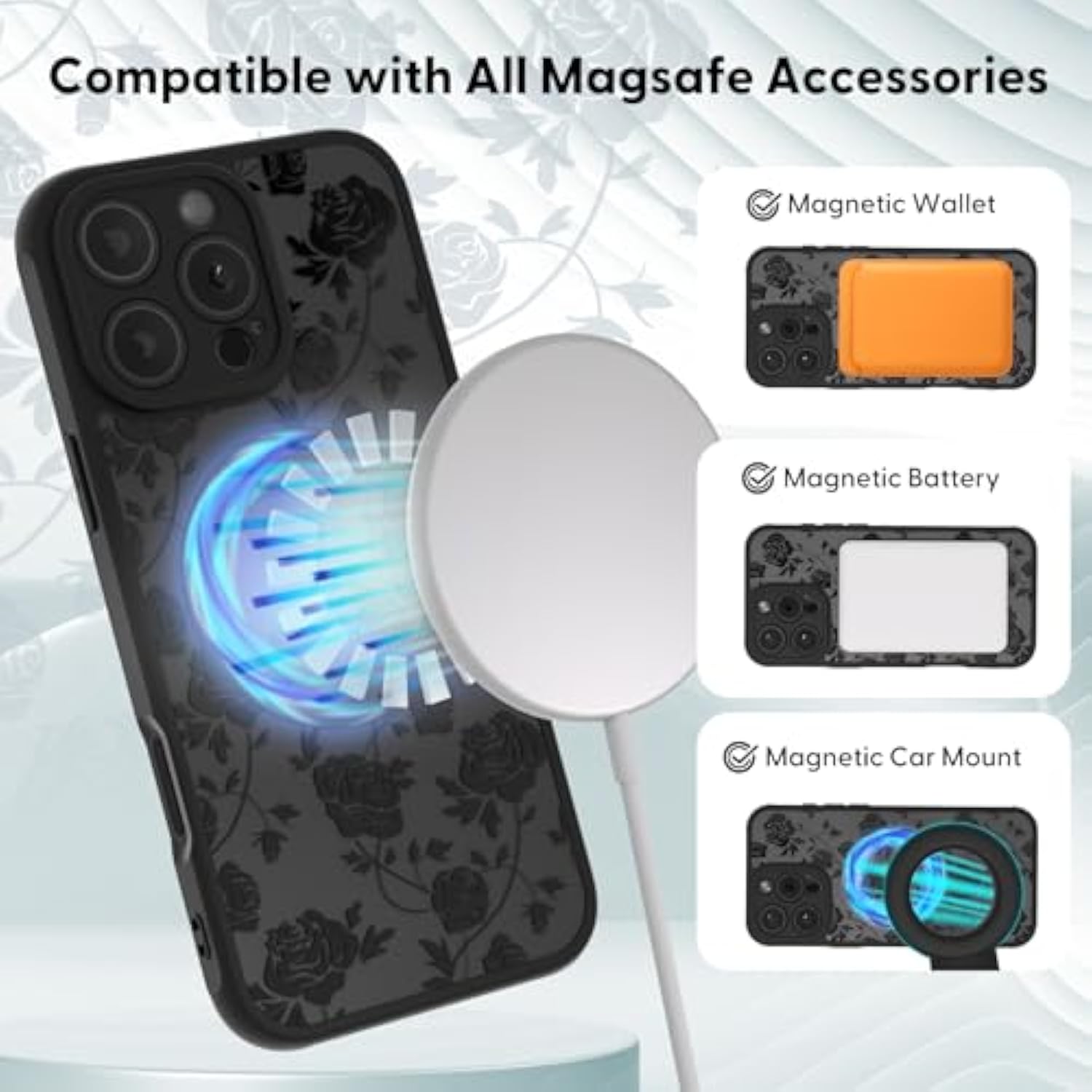 Magnetic For Iphone 16 Pro Max Case, Compatible With Magsafe, [Never Fade] Rose Floral Pattern For Women, Translucent Matte Shockproof Phone Case For Iphone 16 Pro Max 6.9 Inch 2024, Black