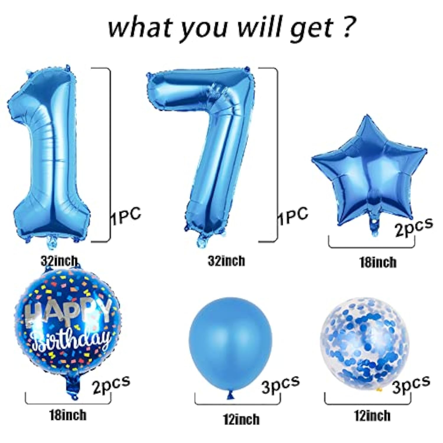 11 Pc Blue 17th Birthday Foil Balloons & Confetti Balloon Set for Kids Party Decor