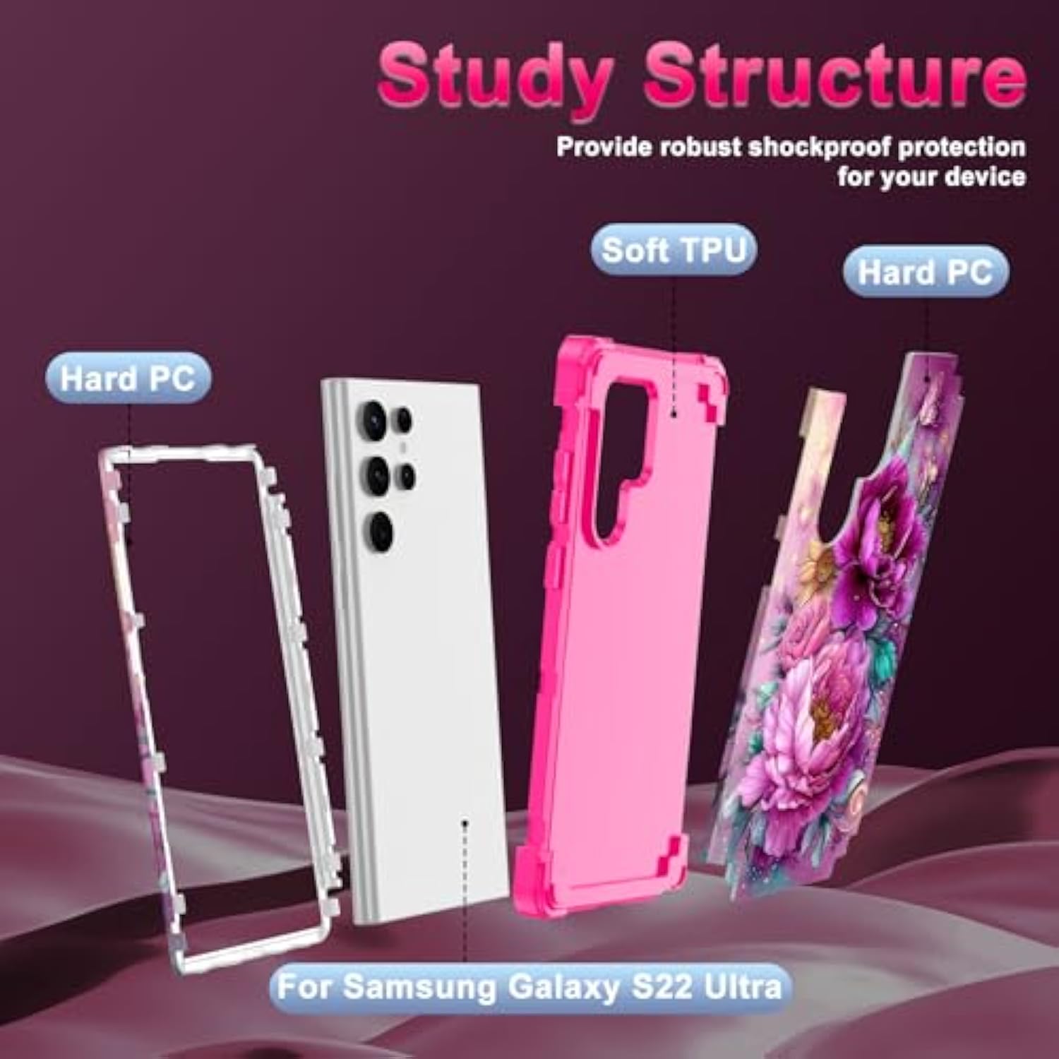 For Galaxy S22 Ultra Case,Three Layer Heavy Duty Shockproof Protection Hard Plastic Bumper +Soft Silicone Rubber Protective Case For Samsung Galaxy S22 Ultra 5G,Glow In The Dark-Hot Pink