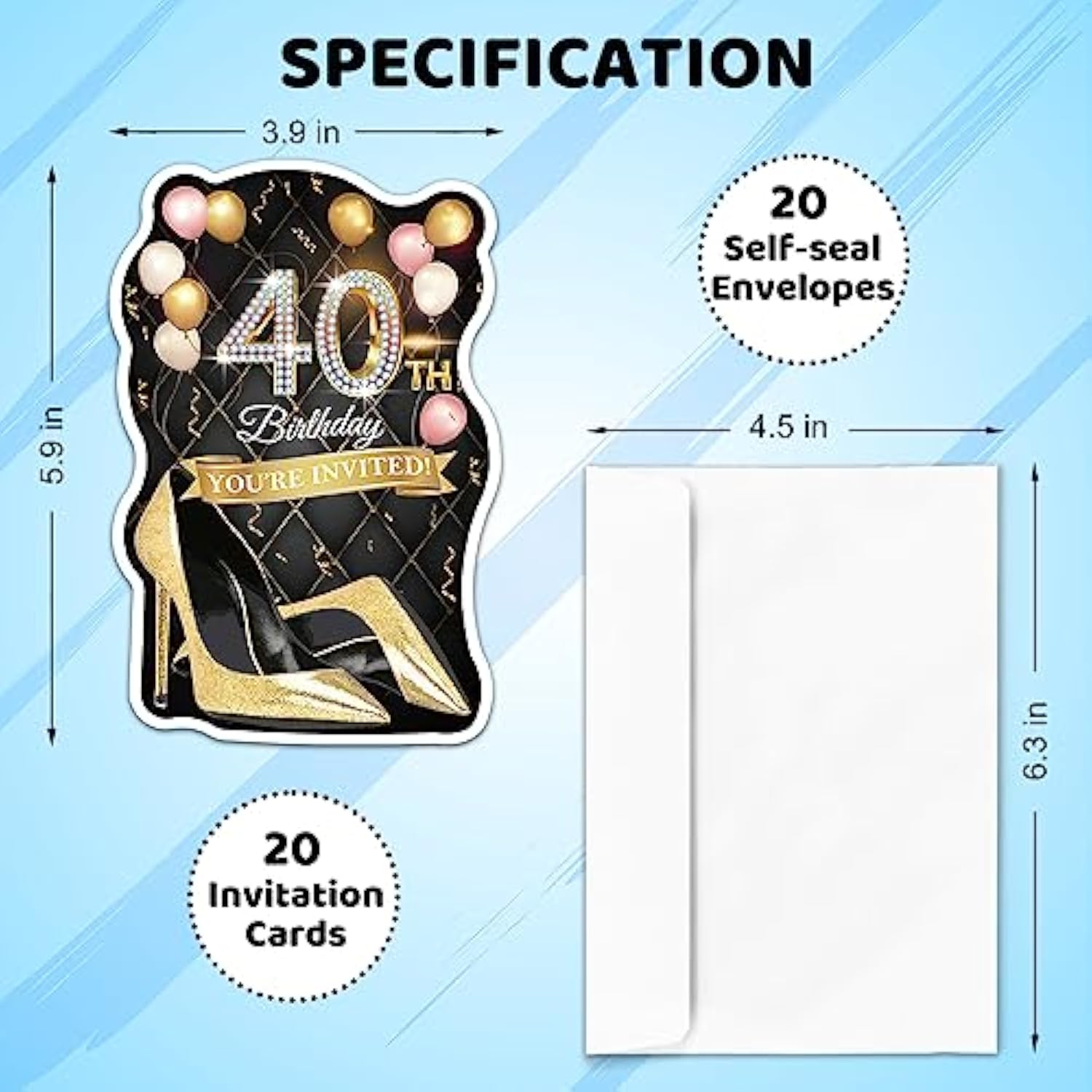 20 Pcs Pink Balloons & Black Golden High Heels Shaped Fill-In Invitations Cards With Envelopes, Funny 40Th Birthday Party Happy 40 Year Old Birthday Invites For Women Lady Wife Mom Adults