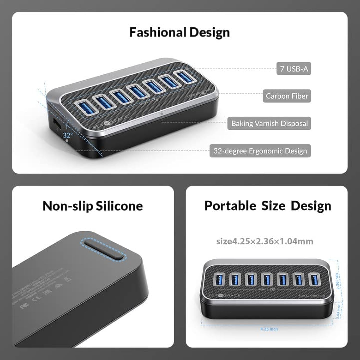 32-Degree Ergonomic Design 7-Port Data Hub,Usb 3.2 Gen1 5Gbps Adapter, , With
