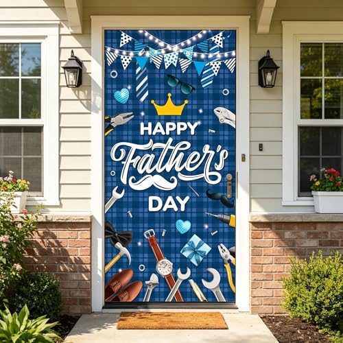 Father's Day Door Cover Banner 70.9" x 35.4", Feliz Día del Padre Front Door Backdrop, Happy Father’s Day Polyester Hanging Decoration for Dad Birthday, Graduation & Retirement Parties