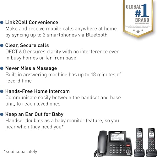 Link2Cell Expandable Corded Cordless Phone With Digital Answering System & Smart Call Blocker, One Corded Base Unit And Two Cordless Handsets Black - Kx-Tgf882B