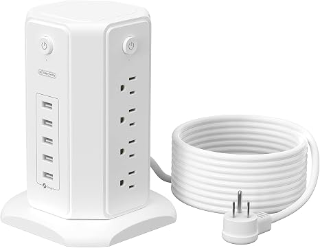 Vertical Surge Protector Tower Power Strip 8 Outlets 5 USB 15FT Cord