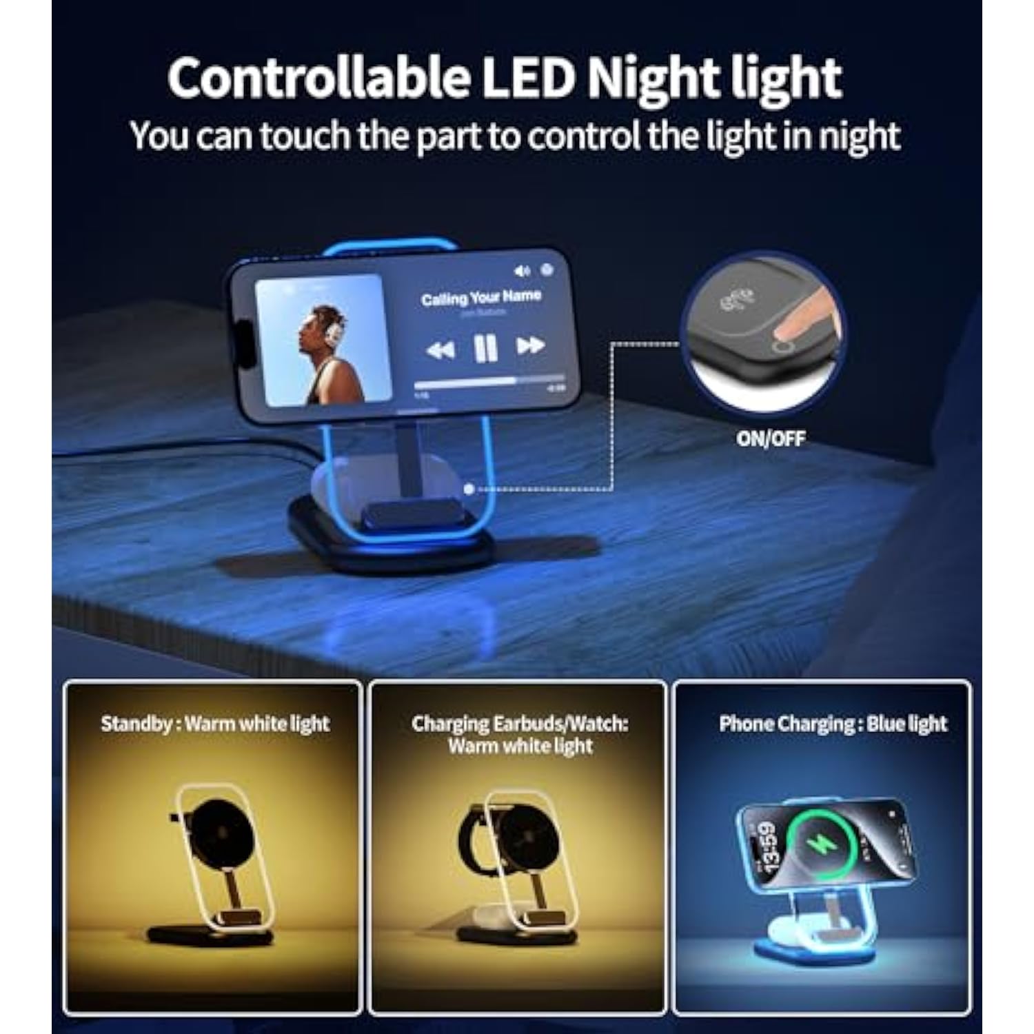 3 In 1 Magnetic Wireless Charging Station For Apple Devices, Fast Foldable Travel Mag-Safe Charger Stand With Night Light For Iphone 16 15 14 13 12 Series, Apple Watch/Airpods Pro