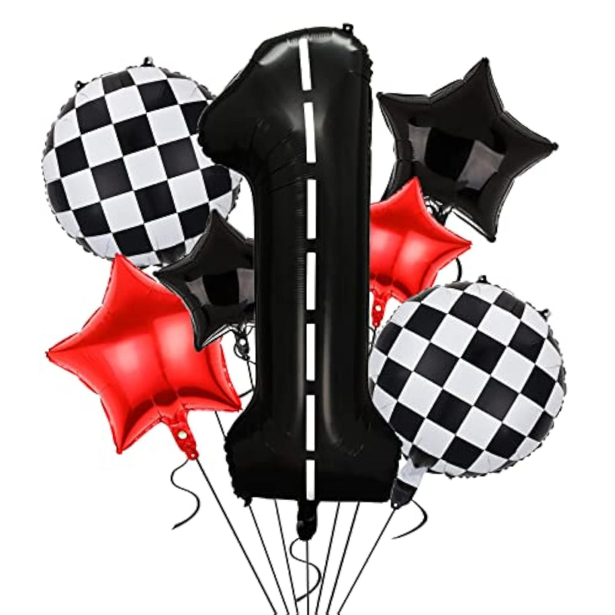 Race Car Birthday Balloon Set: Racetrack Number 1, Checkered & Star Balloons