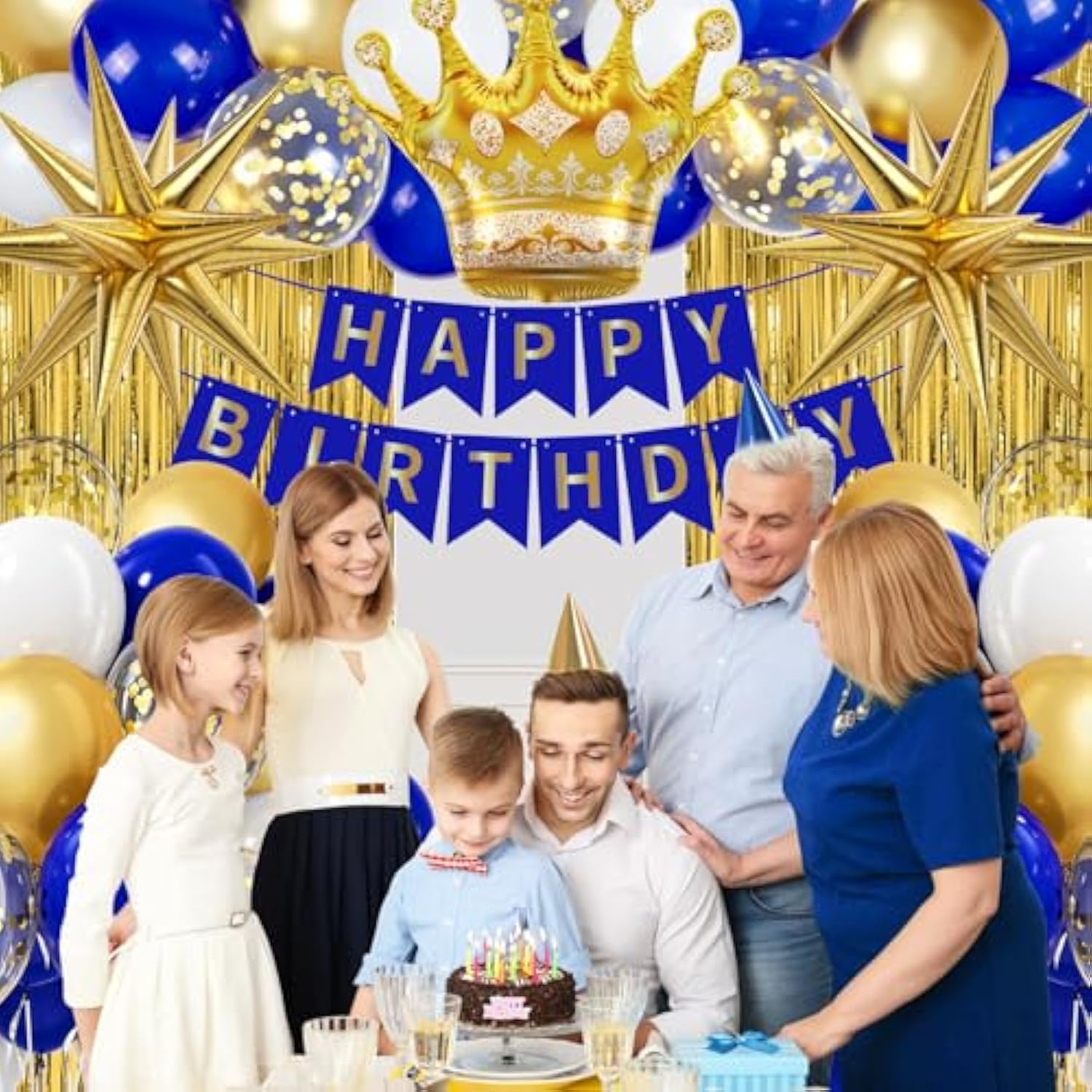 Royal Blue Gold Men'S Birthday Banner, Fringe Curtains, Metallic Balloons For 16Th To 60Th Birthdays