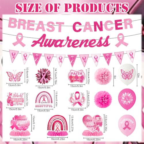 Breast Cancer Awareness Decorations, 33PCS Breast Cancer Awareness Month Party Banner Hanging Swirls Honeycomb Centerpieces Pompoms Balloons Decor Set, Pink Ribbon Party Supplies for Women