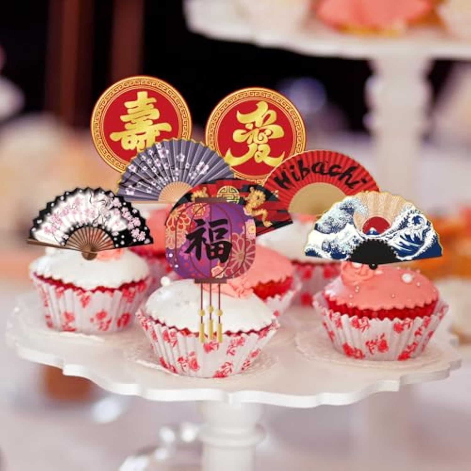Japanese Hibachi Party Decorations, 48Pcs Japanese Style Paper Fans Cupcake Toppers Cake Decor, Asian Baby Shower Wedding Birthday Party Supplies Cupcake Picks (Pre-Assembly)