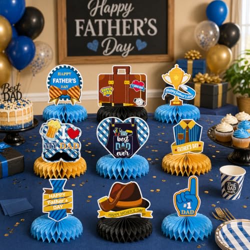 Father's Day Honeycomb Centerpieces, Blue Gold Dad Table Decorations, Happy Fathers Day Table Centerpieces for Dad Party Table Decor