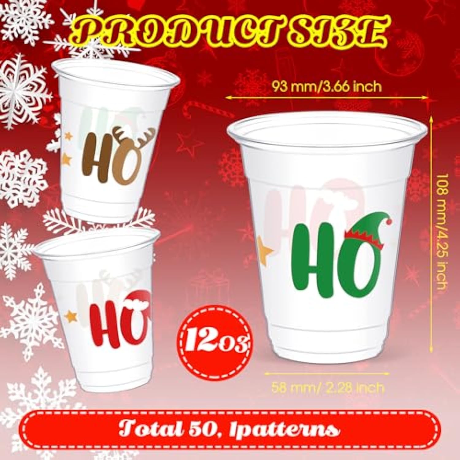 50 Pcs Christmas Cups 12 Oz Bulk Disposable Plastic Merry Xmas Cups Ho Ho Ho Christmas Party Drinking Beverage Cups For Winter Holiday Christmas Party Decoration Tableware Supplies