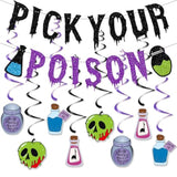 Glitter Pick Your Poison Banner with Hanging Swirls Halloween Haunted Mansion Decor
