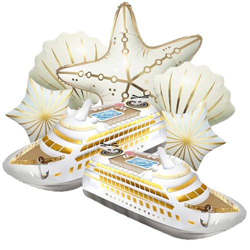 Luxury Yacht Balloon Set 7PCS – 27in Cruise Ship Foil Balloons, Starfish, Shell & Star Balloons, Helium Boat Party Decorations for Yacht Party, Beach Theme, Summer Ocean Birthday Decor