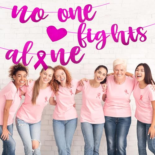 Breast Cancer Awareness Banner, Pink Ribbon No One Fights Alone Banner, Pink Glitter, Cancer Survivor Banner for School Party, Charity Organization Decoration?A)