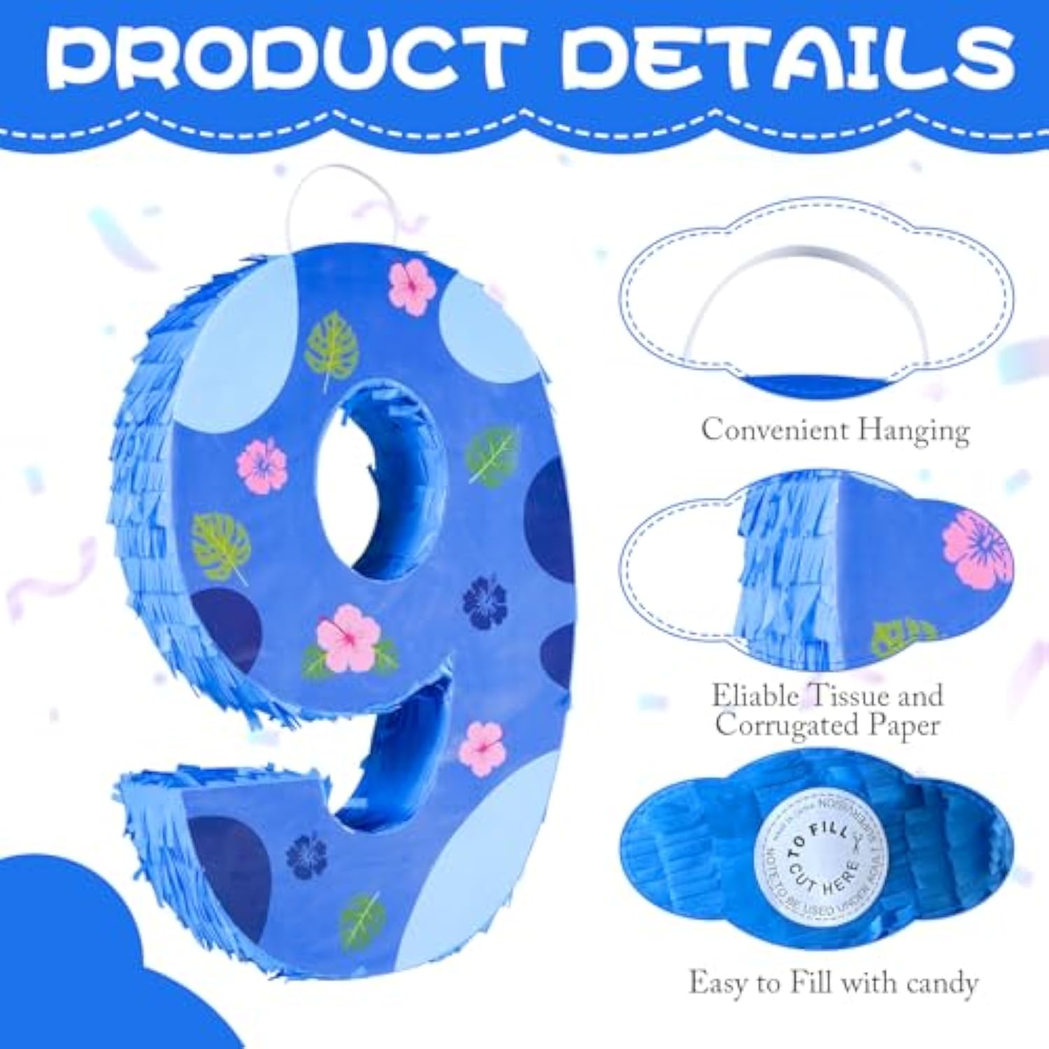 16 Inch Blue Pinata Set With Hawaii Pattern Number 8 Piñata, Blindfold, Stick And Confetti For Boys Girls 8Th Birthday Party Decorations (8-Hawaii Pattern Piñata)