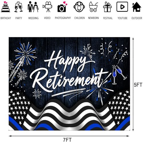 Happy Retirement Backdrop Navy Blue Police Flag Photography Background Going Away Party Black and Blue Police Theme Decoration Banner Portrait Photo Booth Studio Props 7x5ft FU07YL