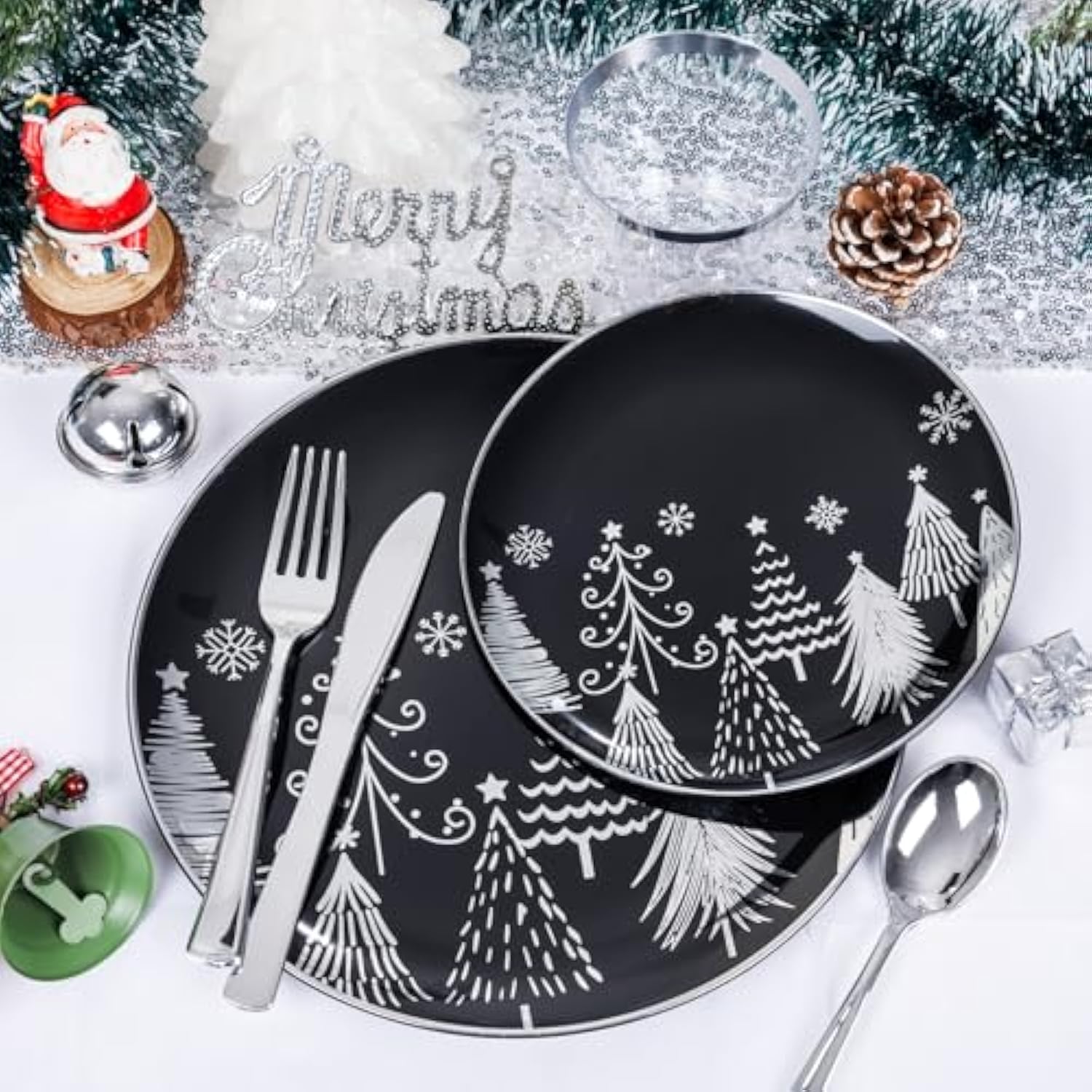 150Pcs Christmas Plates Disposable & Christmas Dinnerware Set For 25 Guests - Black & Silver Plates, Plastic Silverware & Cups With Silver Rim For Christmas Party Supplies