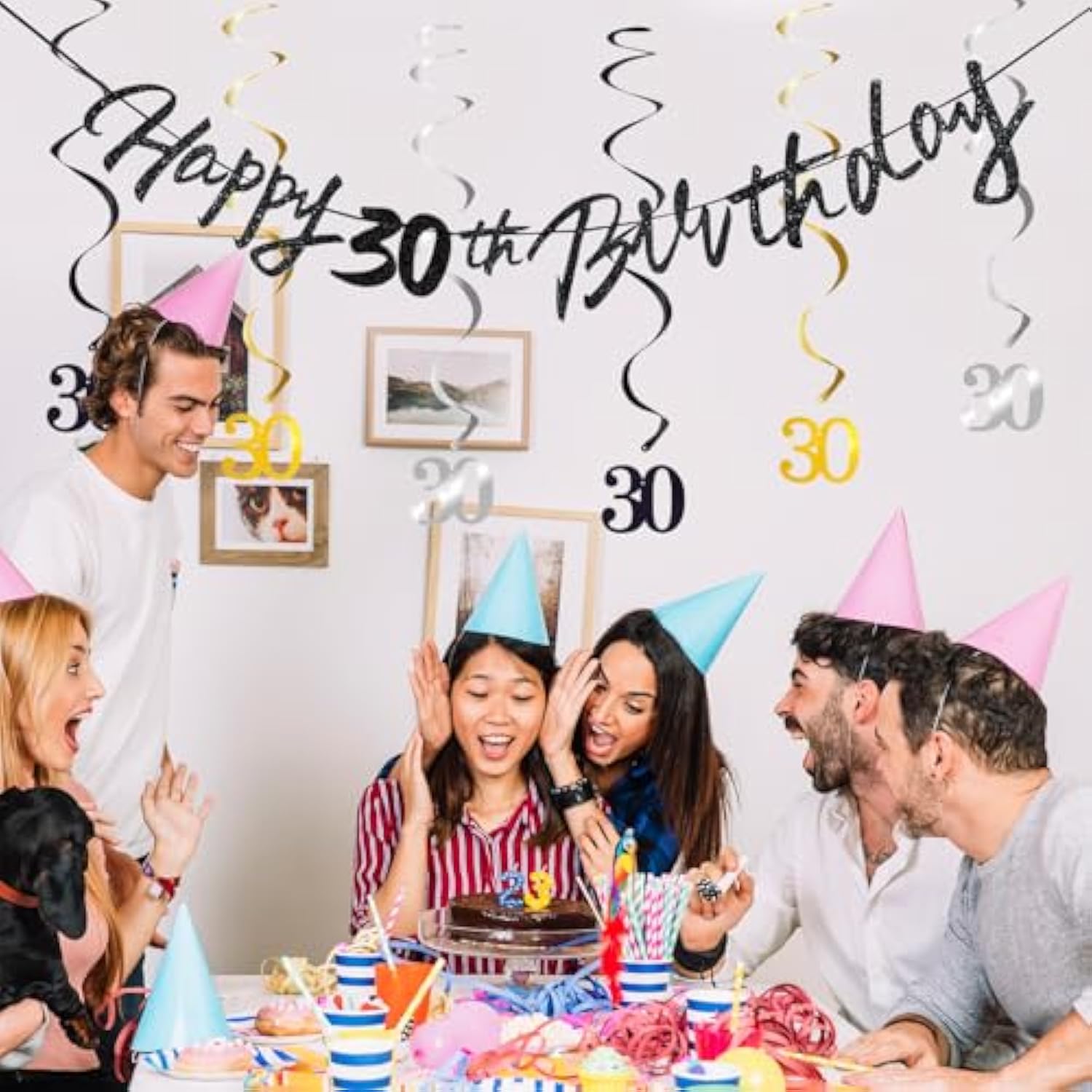 30Th Birthday Decorations For Boys Swirls Streamers Set, Hanging Vortex Happy 30Th Birthday Banner For Girls, Black And Gold 30 Birthday Decor Party Bunting