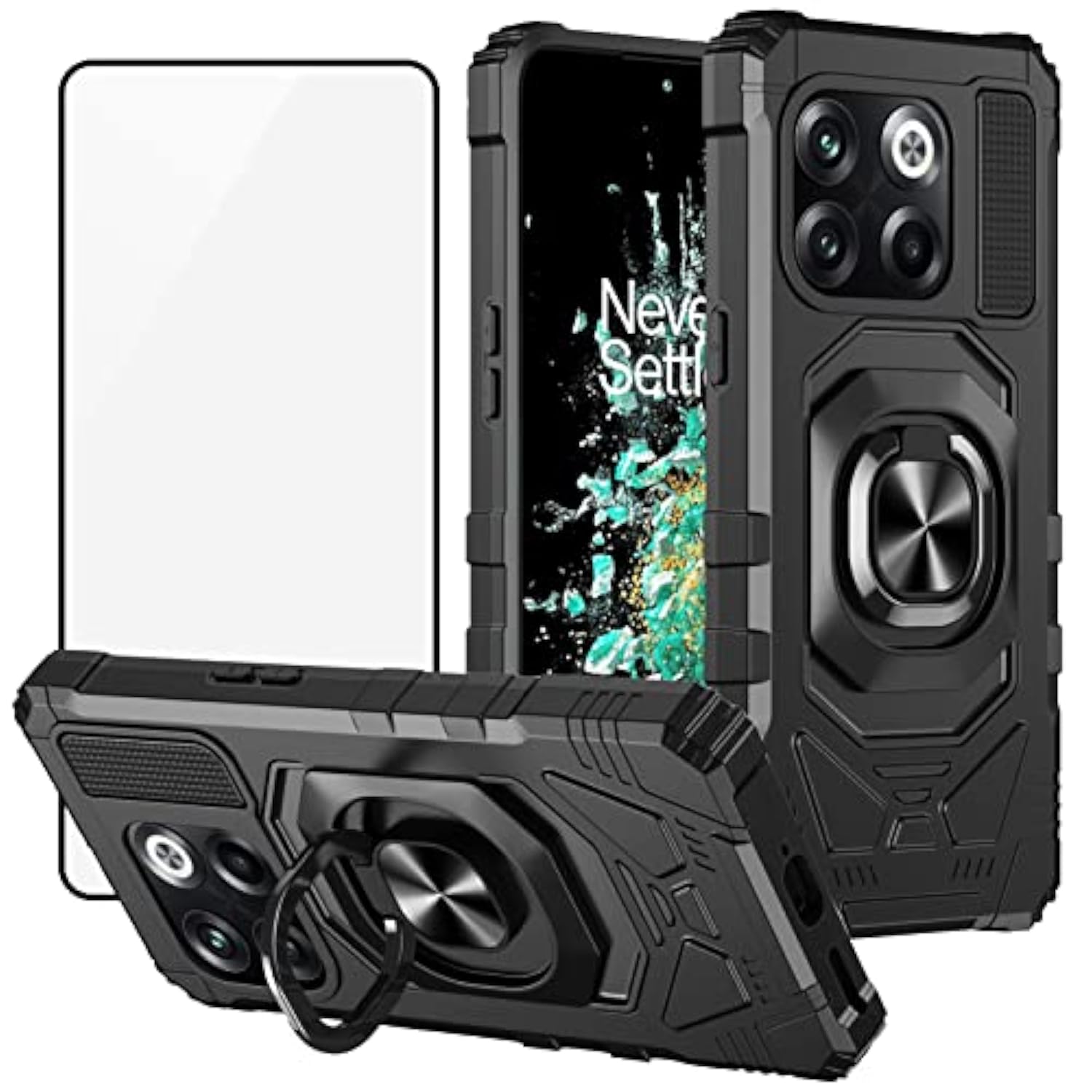 Case For Oneplus 10T 5G With Tempered Glass Screen Protector, Ring Kickstand For Magnetic Car Mount, Heavy Duty Shockproof Protective Hard Phone Cover - Black