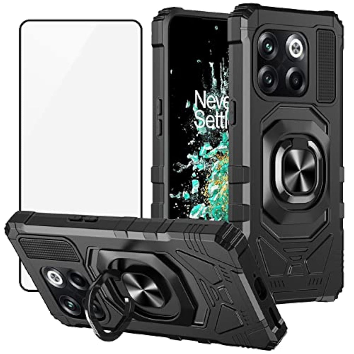 Case For Oneplus 10T 5G With Tempered Glass Screen Protector, Ring Kickstand For Magnetic Car Mount, Heavy Duty Shockproof Protective Hard Phone Cover - Black