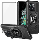 Case For Oneplus 10T 5G With Tempered Glass Screen Protector, Ring Kickstand For Magnetic Car Mount, Heavy Duty Shockproof Protective Hard Phone Cover - Black