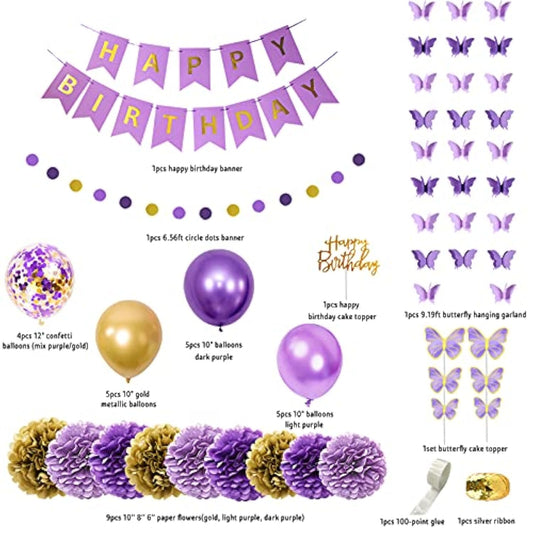 Purple Birthday Decorations For Women Girls Butterfly Hanging Garland Happy Birthday And Circle Dots Banner Purple Gold Balloons Paper Flowers Cake Toppers For Party Decor Supplies