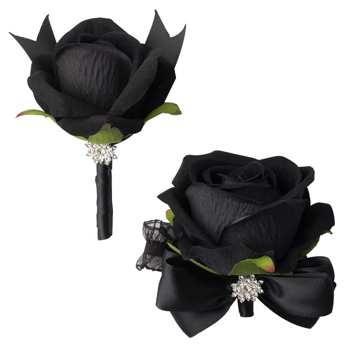 Black Rose Wrist Corsage And Boutonniere Set Rose Corsage Wristlet For Wedding Prom Party Homecoming Decoration Set Of 2 (Black)