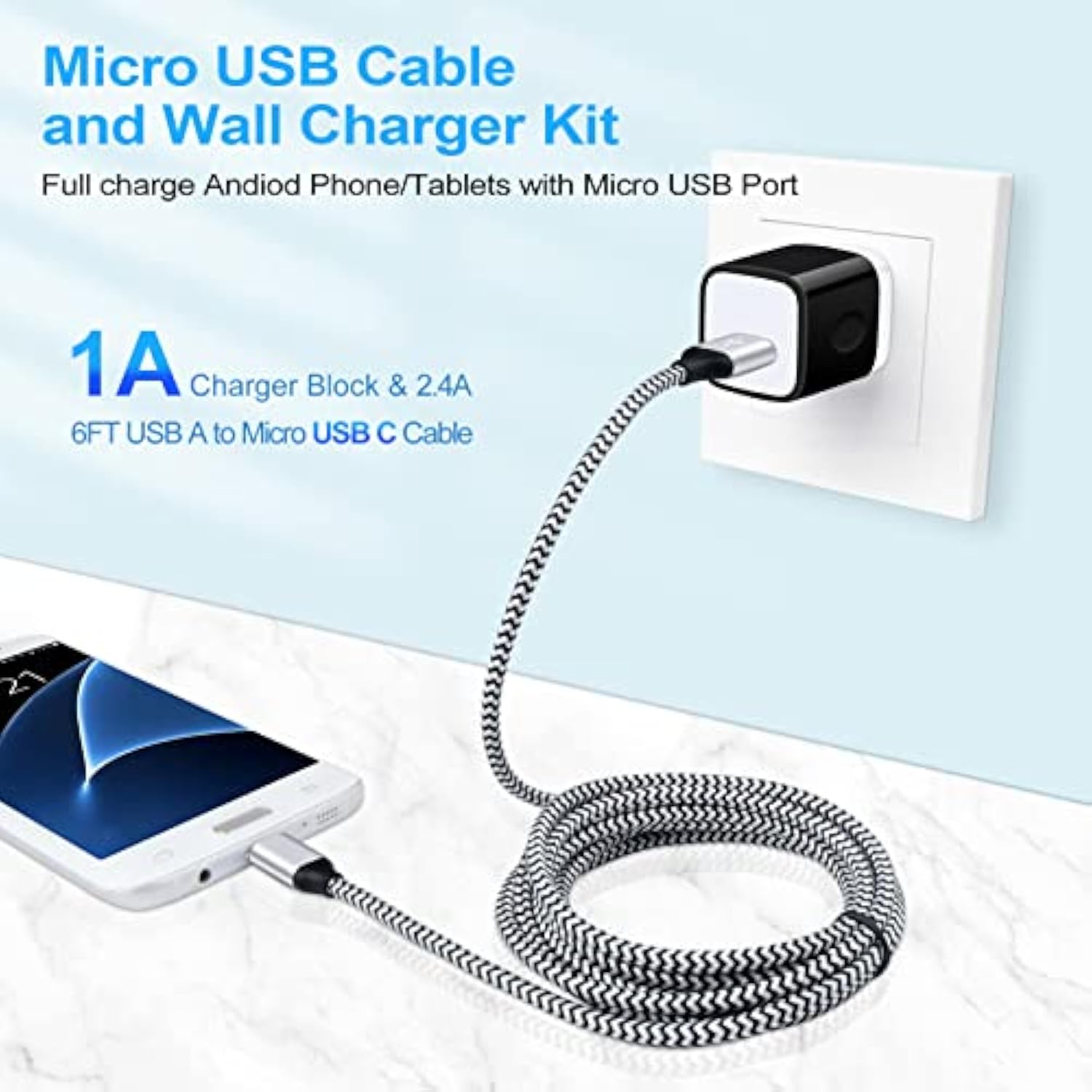 Micro Usb Wall Charger Android Charger Cable, 6Ft Fast Charging Micro Usb Cord One Port Charger Cube For Lg Stylo 3 2, Stylus 3 2, K50 K40 K30 K31 K20 V10 W30 Q6 G4 G3 G2, X Power/X Power2 /X Power 3