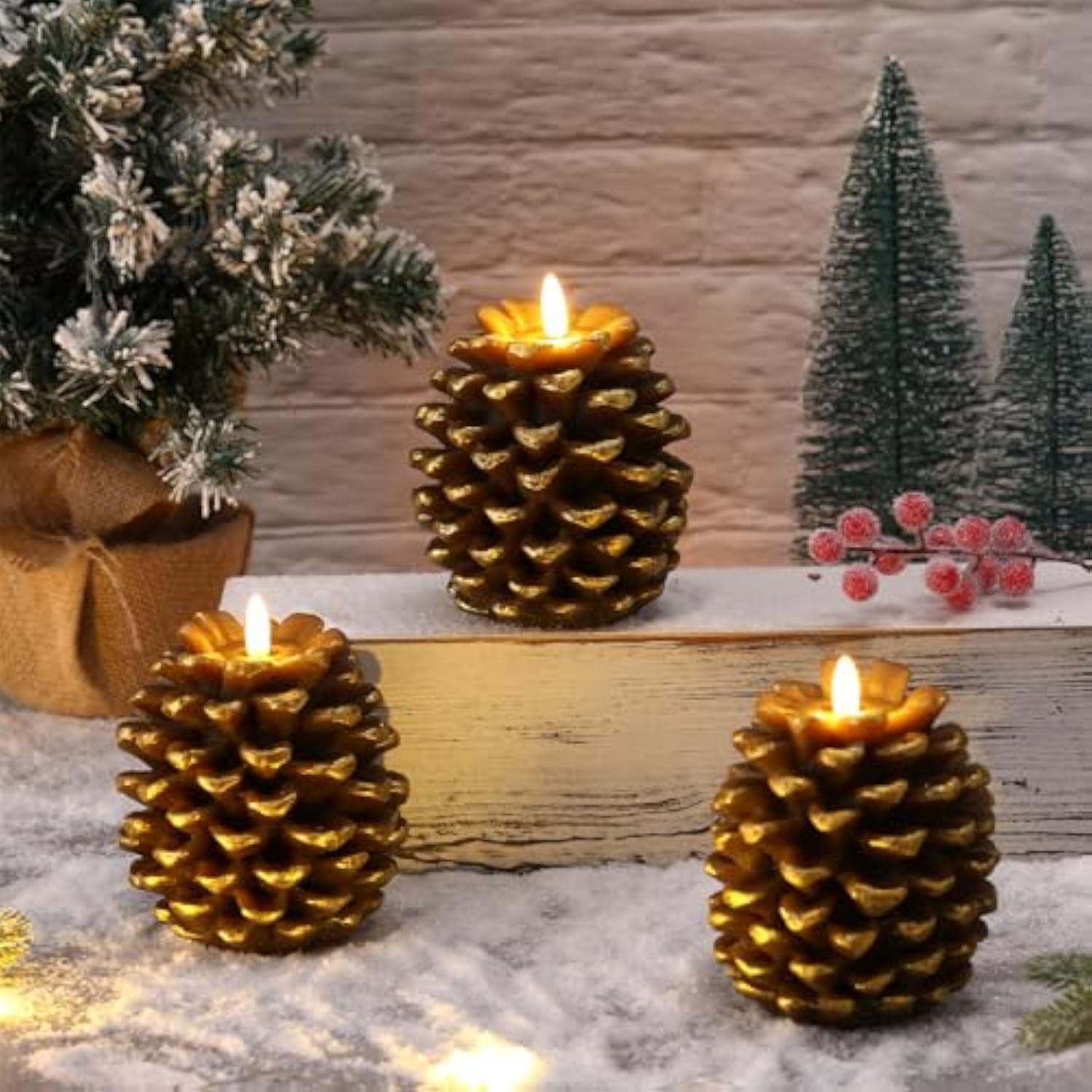 3 Pcs Led Pine Cone Candles Flameless Pinecone Candles Battery Operated, Real Wax Pine Cone Led Flickering Pillar For Christmas Home Party Decoration(Brown)