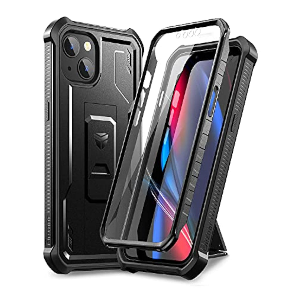 Heavy Duty Military Grade Protection Case for iPhone 13 and iPhone 14 6.1 inch, Black, Built in Screen Protector and Kickstand