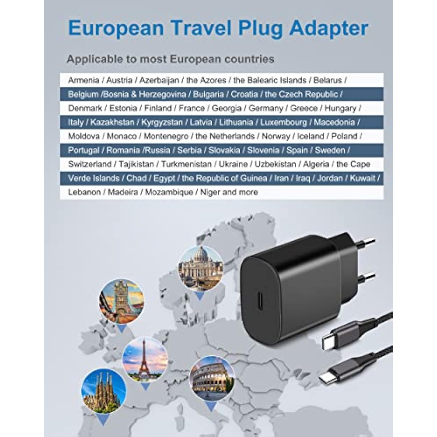 European Travel Plug Adapter, 2Pack 25W Type C Super Fast Charger Block Usb C International Power Adapter Us To Europe Eu For Iphone 16E/16/15 Pro Max/Plus, Ipad, Samsung, Android With 6Ft Usb C Cable