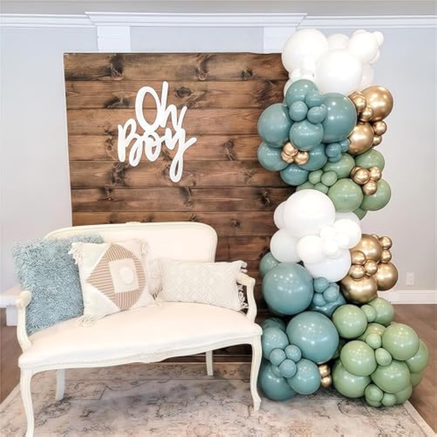 Dusty Sage Green Blue Gold Balloon Garland Kit, 107 Pcs Pastel Olive Green Slate Blue Beige Metallic Gold Balloon Arch Kit For Women Men Boho Birthday Wedding Baby Bridal Shower Party Decorations