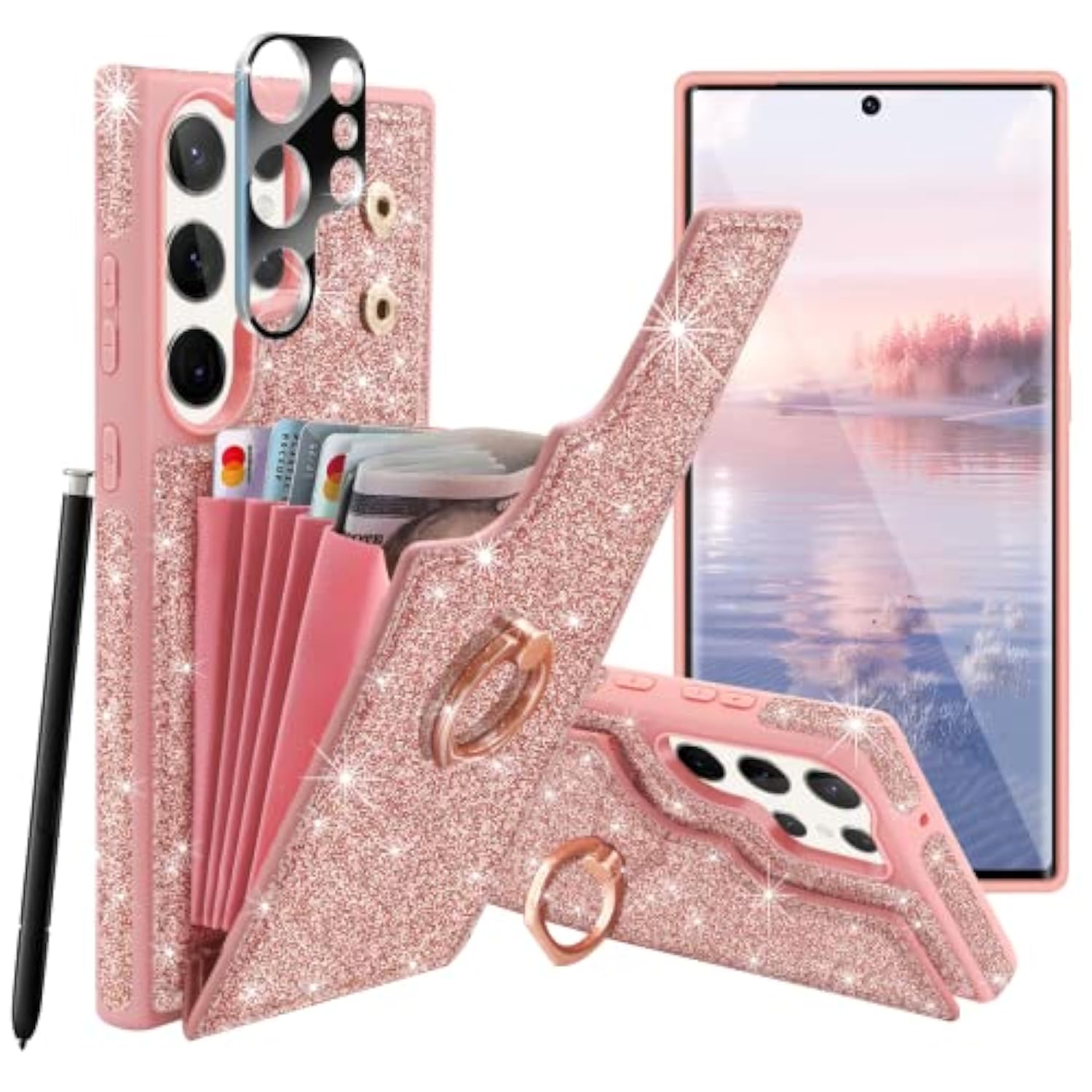 For Samsung Galaxy S23 Ultra Case Wallet,Glitter Sparkle 5 Card Holder Kickstand 360°Rotation Ring With 1Xcamera Lens Protector Shockproof Protective Galaxy S23 Ultra Case,6.8Inch,Rose Gold
