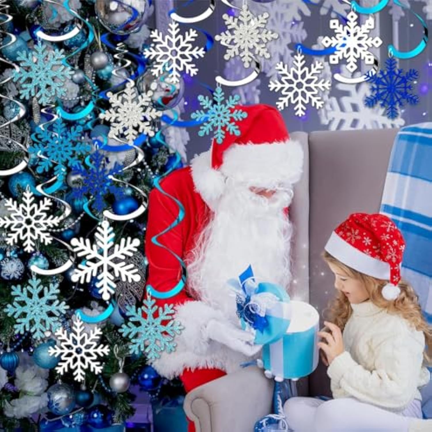 Winter Snowflake Hanging Swirl Decorations, 30Pcs Christmas Glitter Snowflakes Hanging Swirls Ornaments Ceiling Streamers For Xmas Winter Wonderland Frozen New Year Wedding Baby Shower Party Supplies