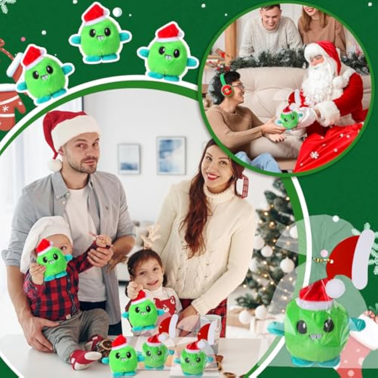 20 Packs Christmas Monster Plush Toys Set -Green Cute Stuffed Animal With Santa Hat, Small Plush Doll Gift Bags For Kids Stocking Stuffer Party Favor Classroom Exchange