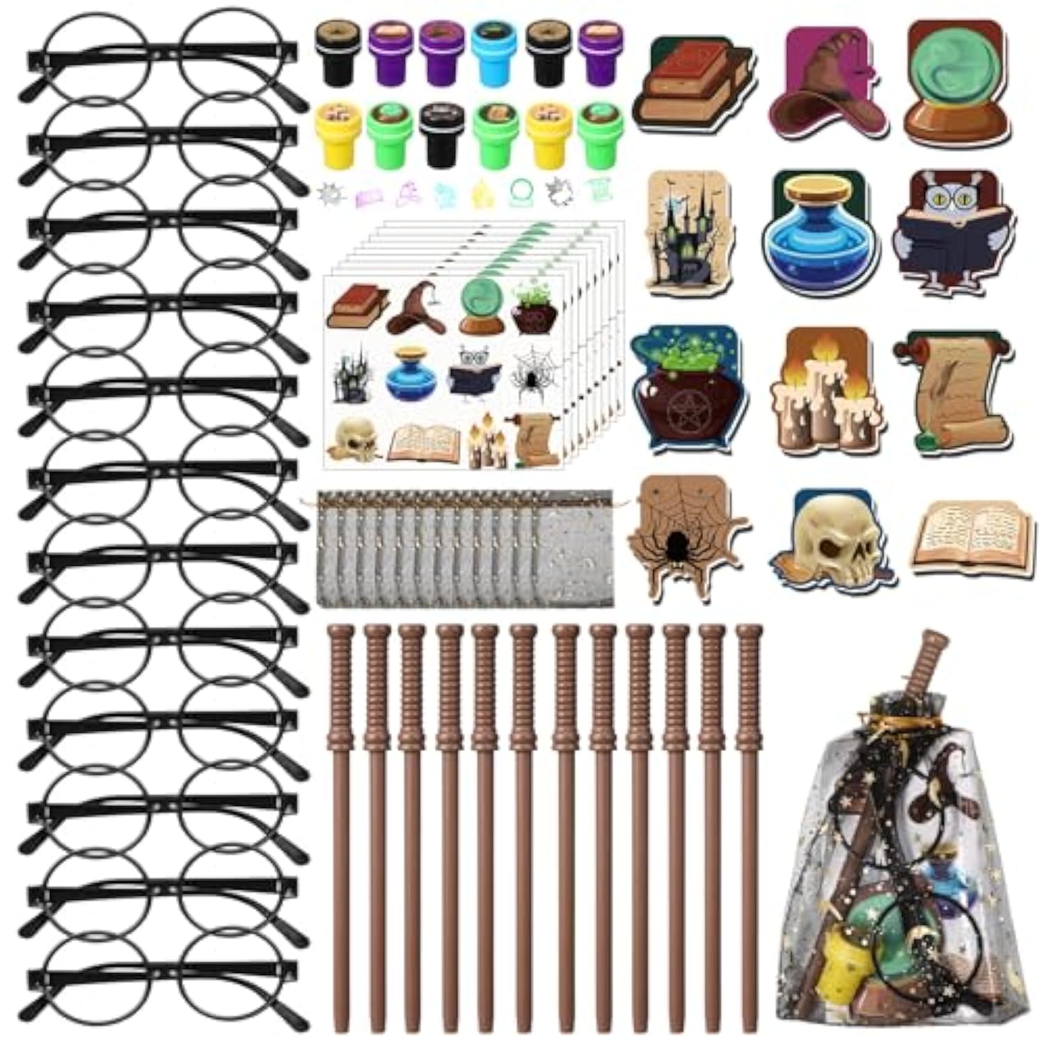 72 Pcs Wizard Party Favors Birthday Decorations With Mini Notebook Black Glasses Pencil Stamp Sticker Gift Bag For Kids Wizard Magical Goody Bag Stuffer Classroom Prize Supplies (Wand)