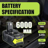 2Pack 6.0Ah Repacement For Ryobi 18V Battery With P117 Charger Compatible With Ryobi Battery 18V P102 P103 P104 P105 P107 P108 P109 Battery & Charger Kit