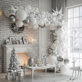 White Winter party decorations with Pearl White Silver Balloon Garland Arch & foil Star printed balloons Artificial Snowflakes for winter wonderland 1st birthday Christmas new year party decorations