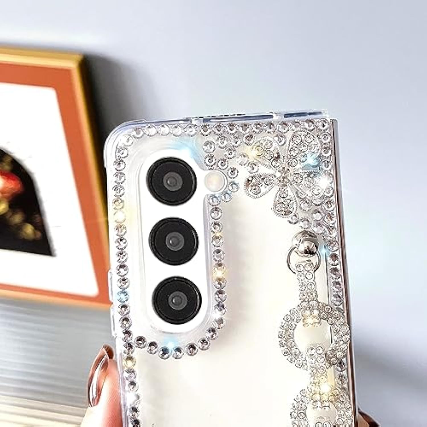 For Galaxy Z Fold 7 Case Cute For Women Girls Luxury 3D Handmade Sparkle Rhinestone Pearl Strap Chain Bracelet Flowers Crystal Diamond Bling Glitter Slim Hard Pc Shockproof Cover, Crystal