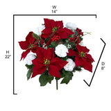 18 Stems Artificial Poinsettia Bouquet Fake Christmas Flower, Faux Velvet Poinsettia Carnations - For Home Decor, Holiday Bush, Indoor Floral, Cemetery Flowers - White/Red