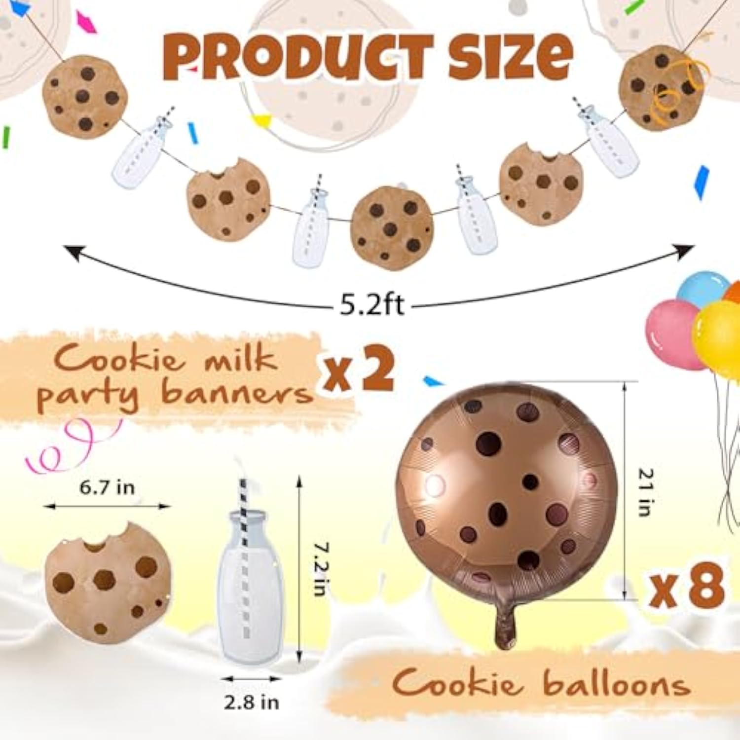 10 Pcs 21 Inch Cookie Balloons Cookies Milk Birthday Party Decorations Include 8 Foil Chocolate Chip Biscuit Inflatables Decor And 2 Banners For Birthday Party Supplies Baby Shower