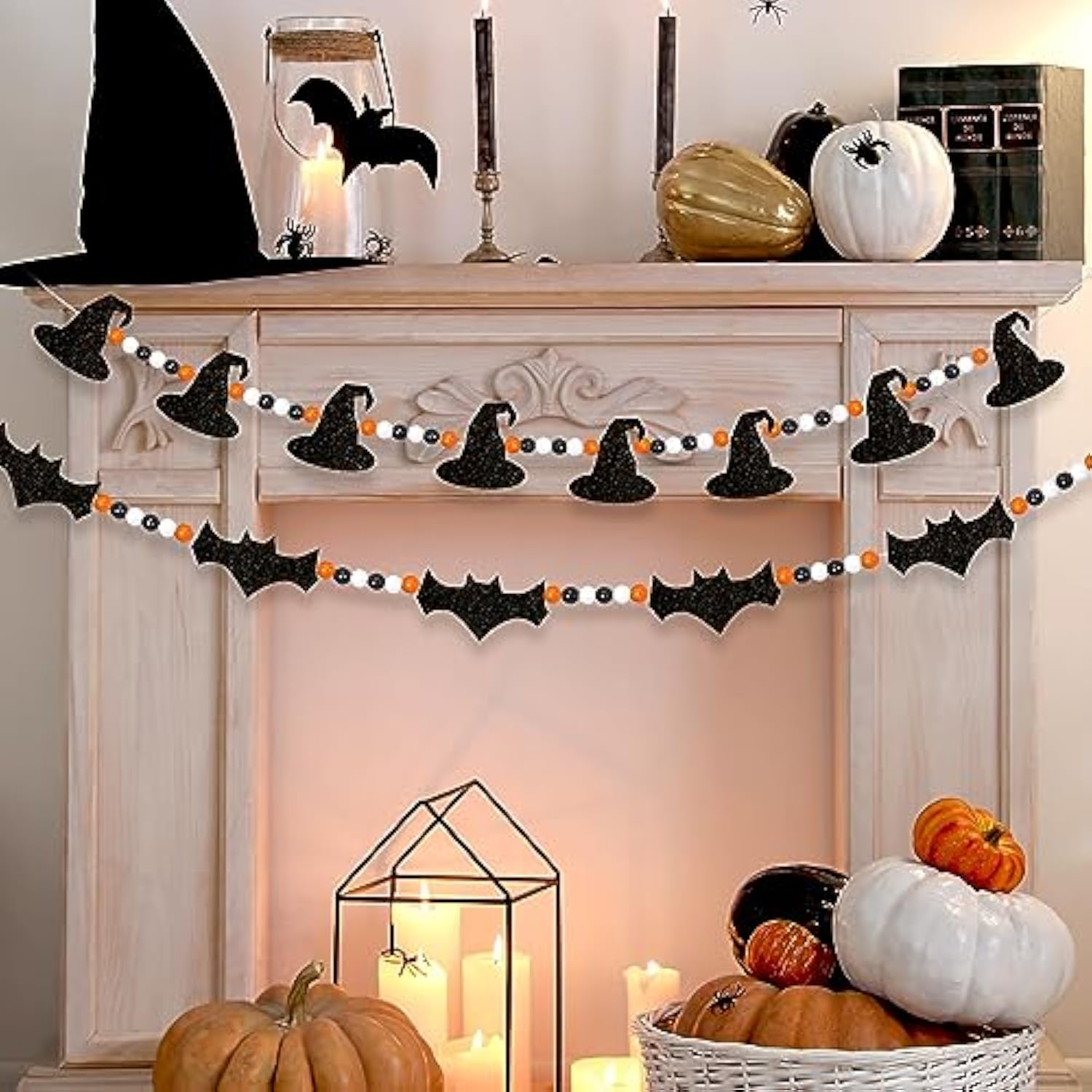 2PCS Halloween Felt Bats Witch Garland with Wood Beads Indoor Outdoor Mantle Decor
