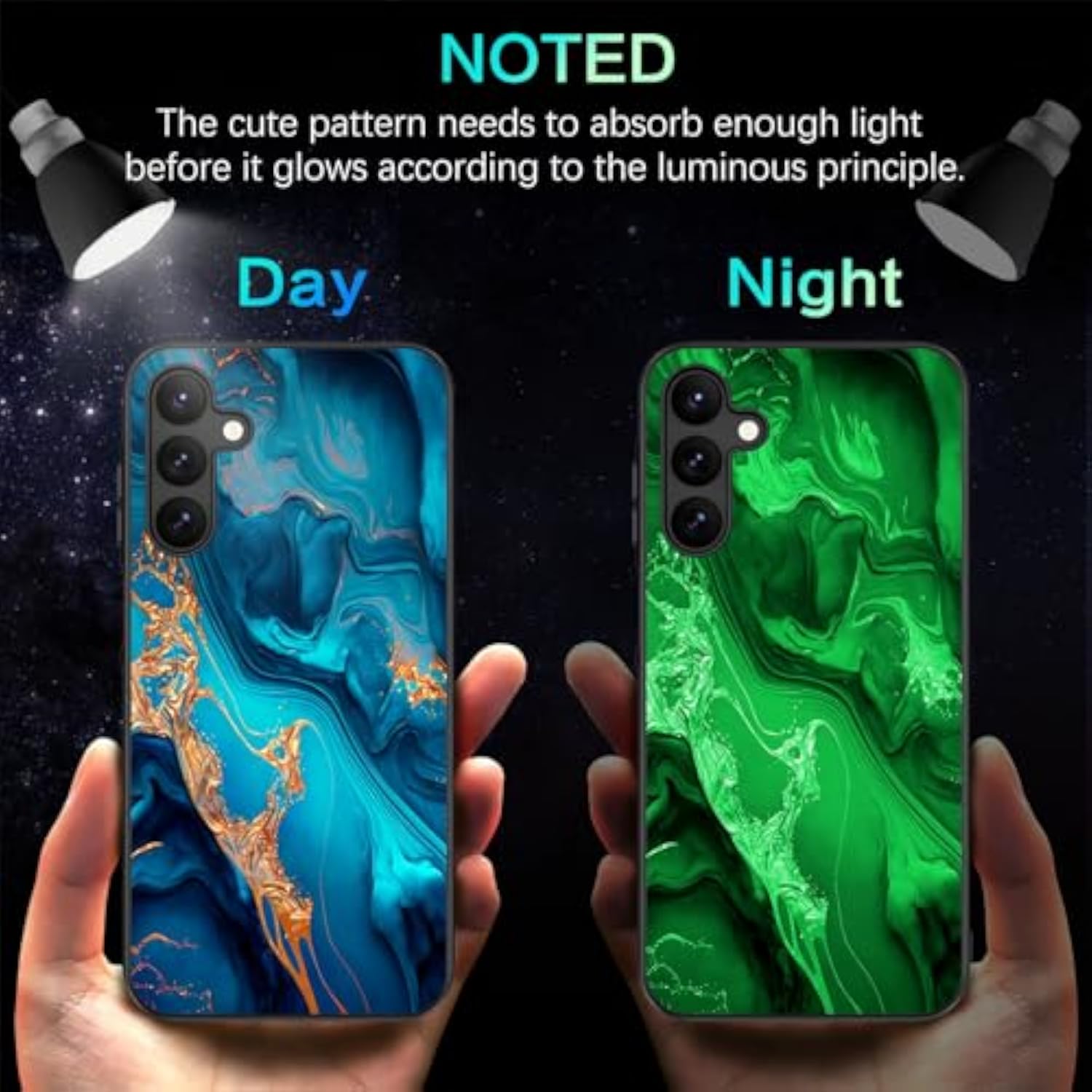 Glow in the Dark Hybrid Hard PC Soft TPU Bumper Drop Protective Case for Samsung Galaxy A15 5G, Blue Marble/Gold