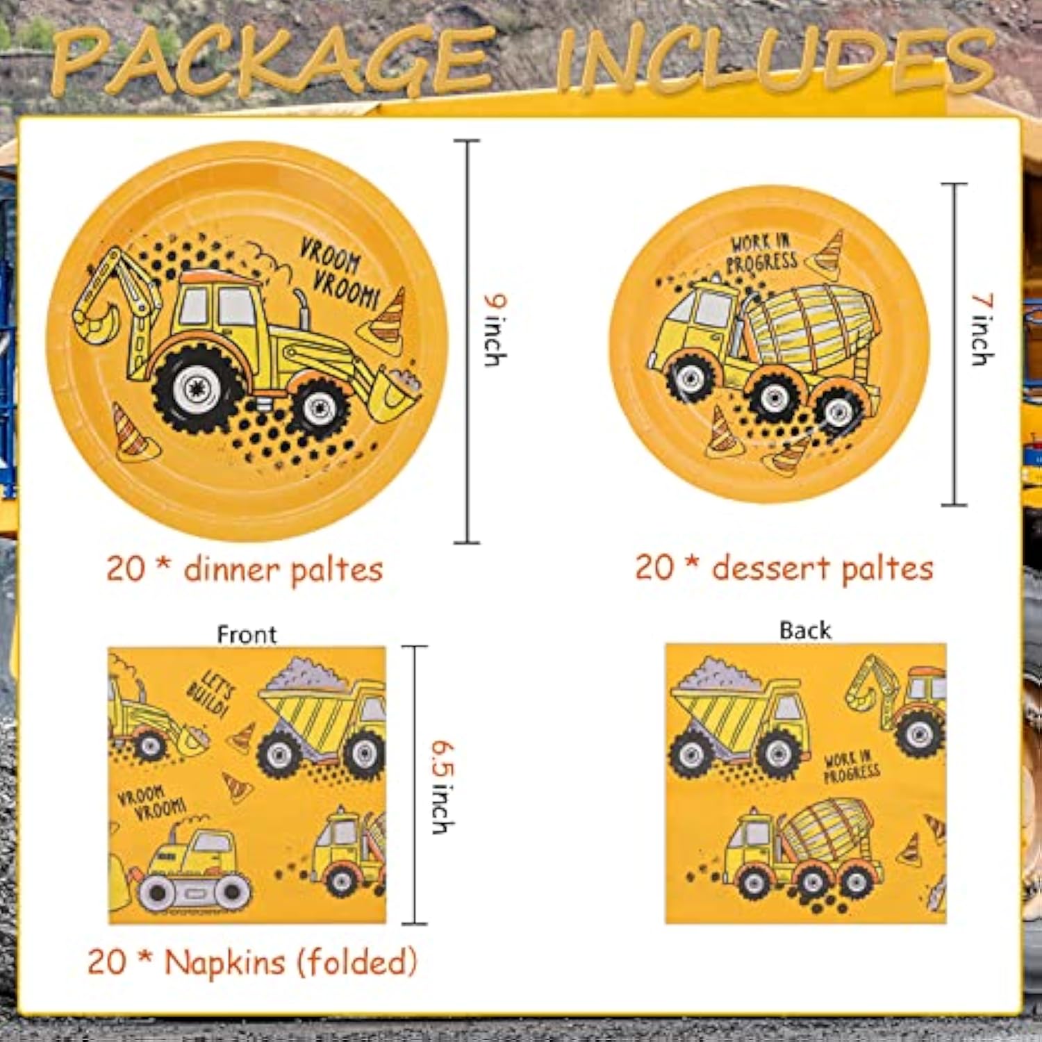 60 Pcs Construction Birthday Party Plates And Napkins Kit, Construction Theme Tableware Set Dump Truck Party Table Decorations Supplies, Disposable 9'' And 7'' Paper Plates, Napkins, Serves 20