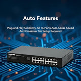 Intellinet 16 Port Gigabit Ethernet Switch 10 / 100 / 1000 Mbps Unmanaged,Metal Housing, Fanless Quiet, Long Distance, Vlan & Extend Mode For Computer Desktop Networking-3 Yr Mfg 561815
