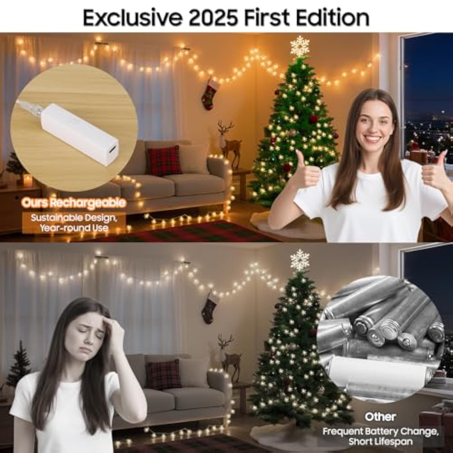 Snowflake Christmas Lights, 33Ft 100 Led Rechargeable Fairy Lights Battery Operated, String Lights With 8 Modes & Timer, Twinkle Lights Indoor For Bedroom Party Home Xmas Tree Decoration Warm White