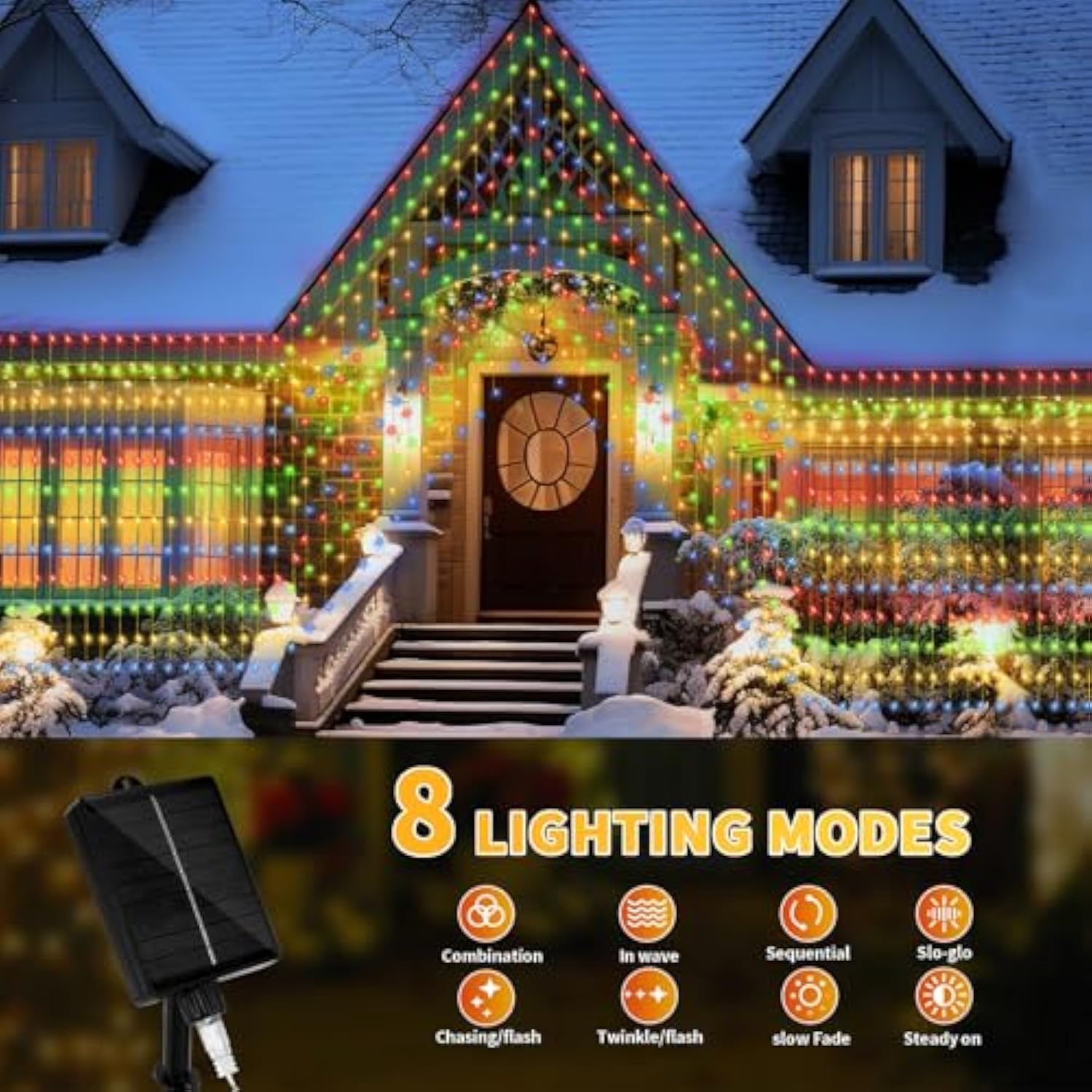 32.8 * 6.56Ft Large Size Solar Curtain Lights Outdoor, 8 Modes String Icicle Lights, Solar Garden Christmas Lights Decor